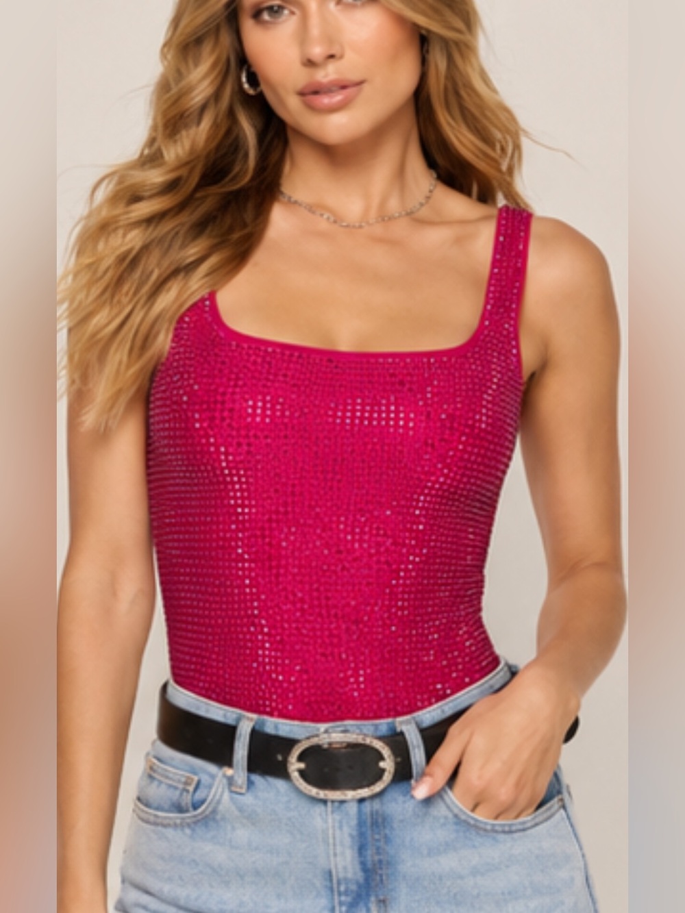 ✨NWOT✨ Sequin Square Neck Tank Top - Hot Pink
